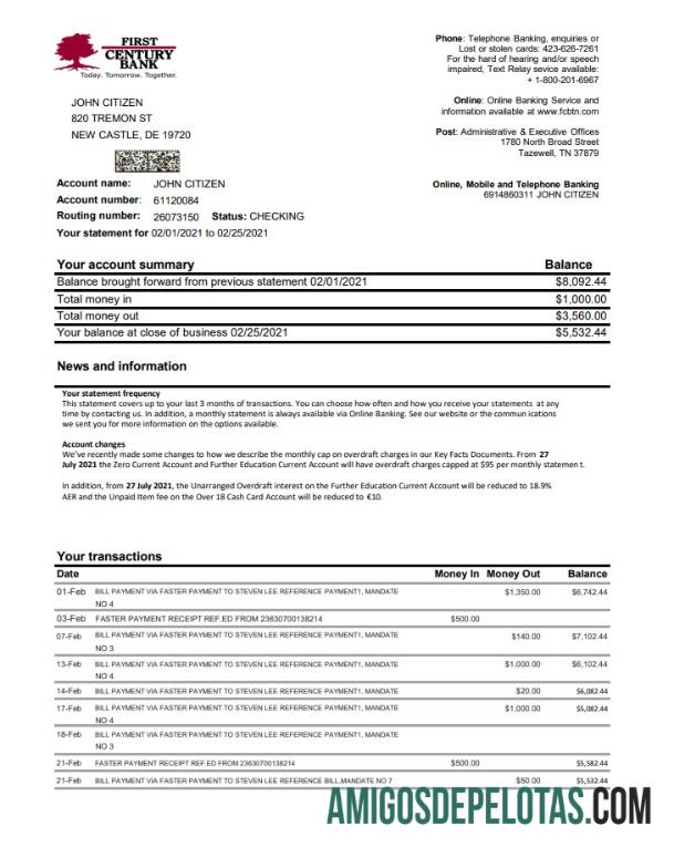 USA First Century Bank Excel Pdf modelo